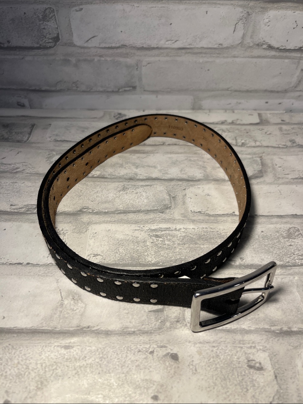 Banana Republic Black XS Perforated Leather Belt Silver Buckle studs - Picture 2 of 9